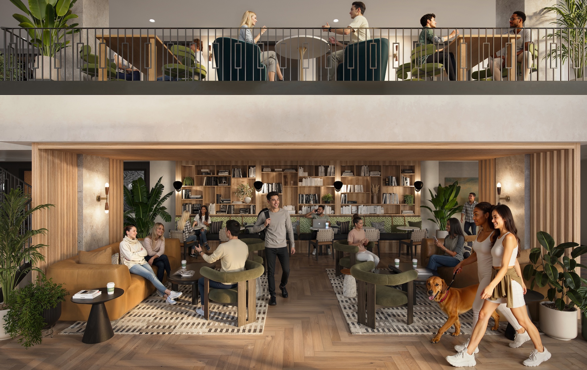 A modern, cozy lounge in University of Maryland housing with people socializing and relaxing on both levels. Downstairs, a couple walks a dog while others chat or read. Upstairs, small groups sit at tables among plants and warm lighting.