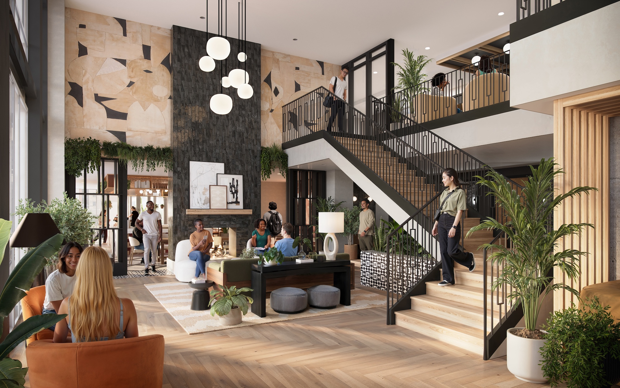 A stylish, modern lobby in University of Maryland housing with people socializing, sitting and walking. The space features a central staircase, large windows, plants, contemporary lighting and abstract wall art for a vibrant atmosphere.