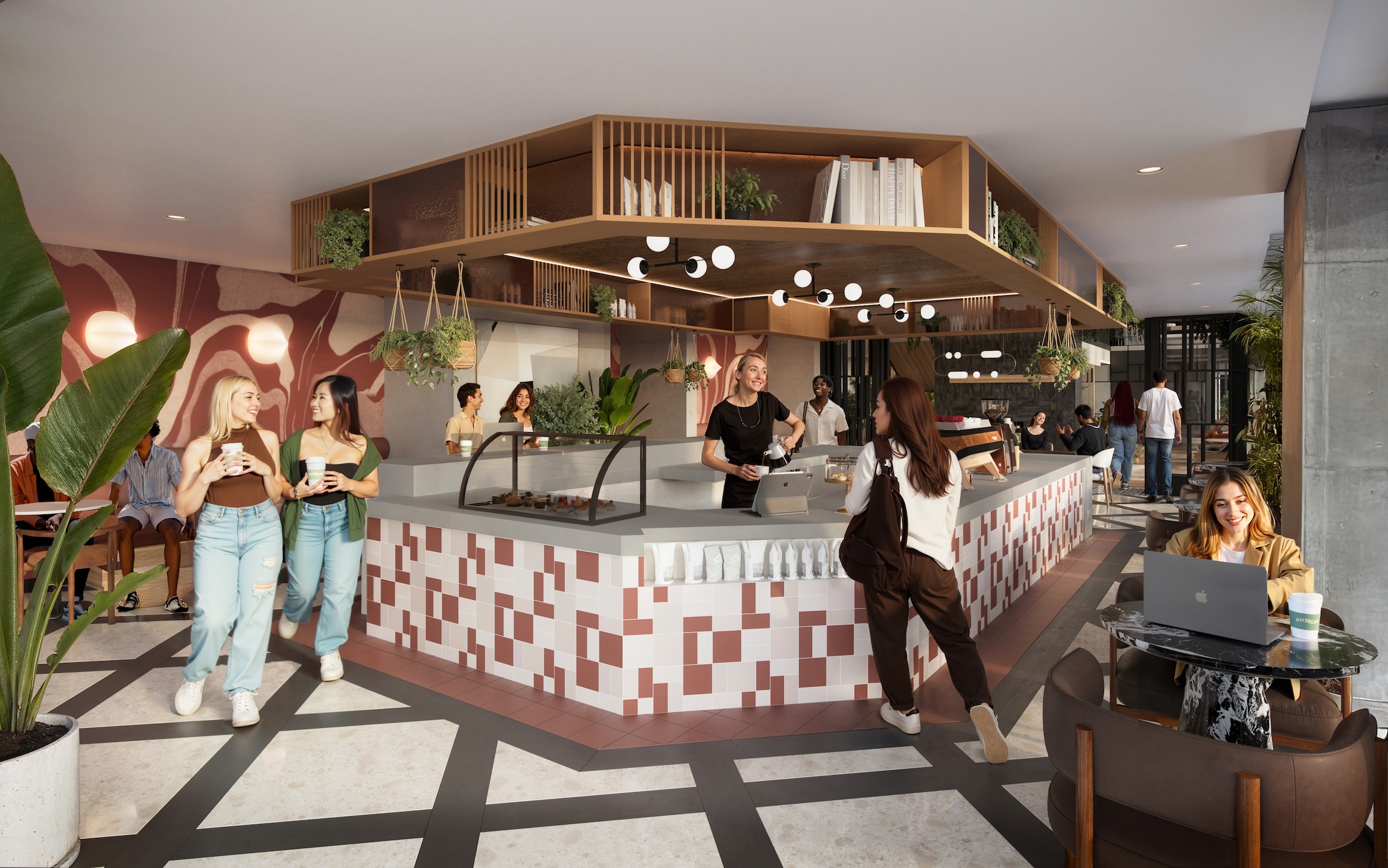 A modern café with a geometric-tiled counter, hanging plants and overhead shelves—perfect for University of Maryland housing residents to order coffee, chat or work on laptops in a bright, stylish space filled with large windows and indoor greenery.