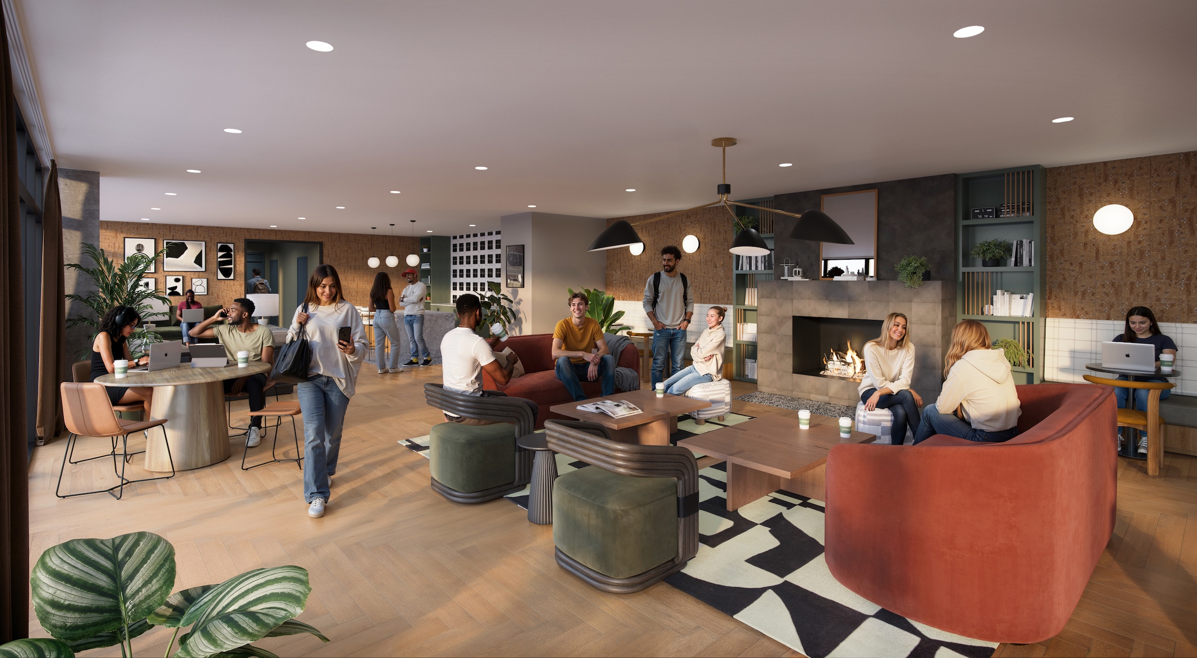 A modern, open lounge in University of Maryland housing with people socializing, working on laptops and relaxing on sofas and chairs. The space features warm lighting, plants, a fireplace and contemporary decor.