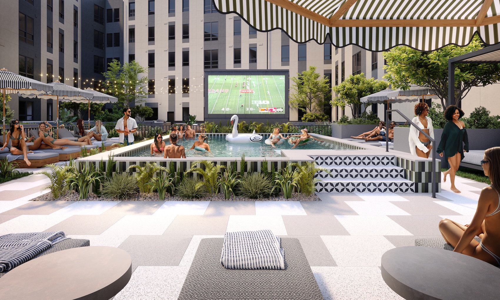 People relax by a modern outdoor pool with lounge chairs and umbrellas, while a large screen displays a football game. Surrounded by tall apartment buildings, this University of Maryland housing offers stylish amenities and lush plant decor.