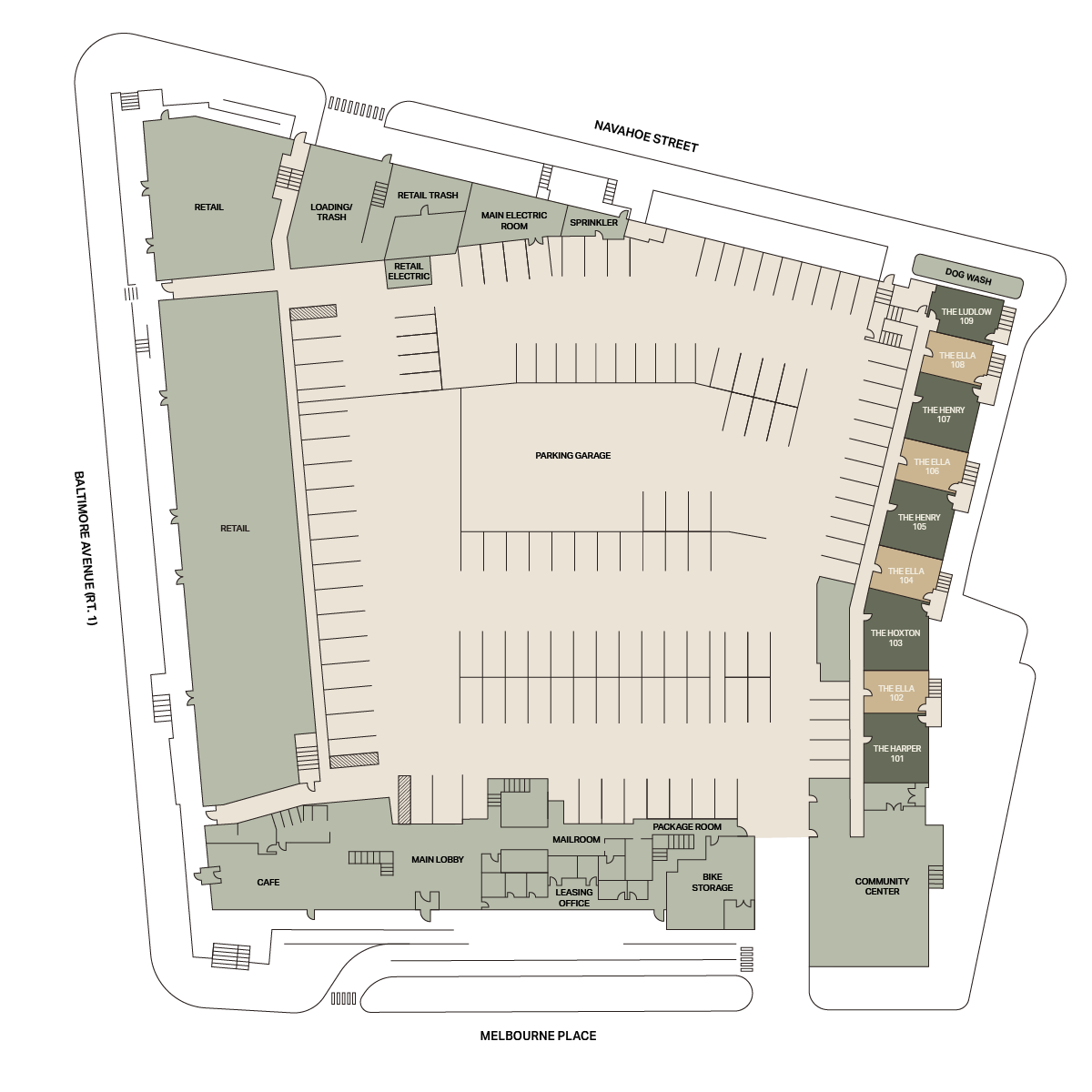 Site map of a shopping center with labeled areas for retail, dining, offices, a community center, main lobby, café, bike storage and parking spaces, bordered by Mainake Street, Melbourne Place and Ballimore Avenue.