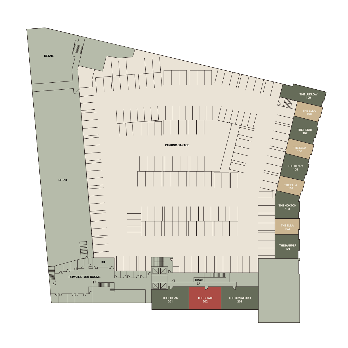 Floor plan of a parking garage surrounded by retail spaces, private study rooms and several labeled rooms including The Lorry, The Soiree, The Crawford, The Forum and others along the building’s perimeter.