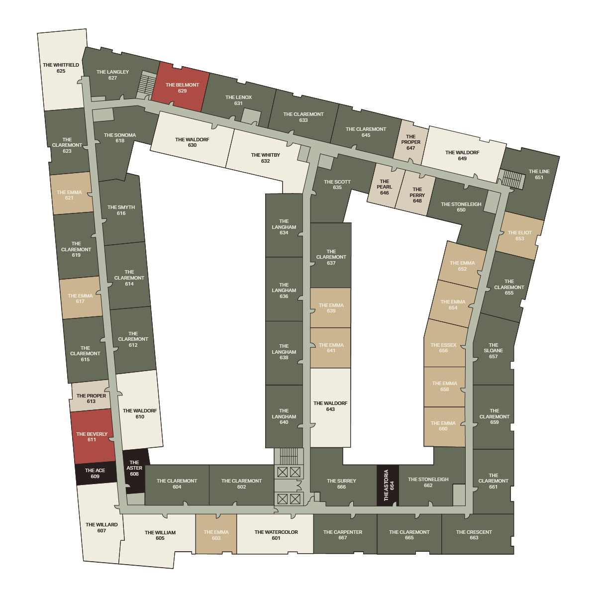 A floor plan of a building with rooms labeled by names like The Wild Dog, The Claremont, The Surrey and others, shown in different colors, arranged around a central open area.