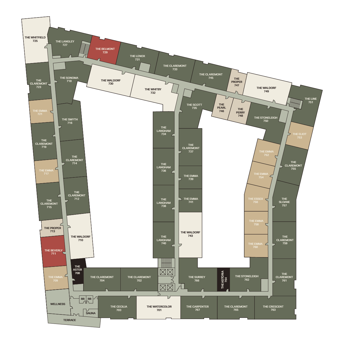 Floor plan of a building with labeled rooms arranged in a rectangular loop. Room names include The Brandy, The Prop Up and others, color-coded in green, beige and red, with corridors connecting all rooms.