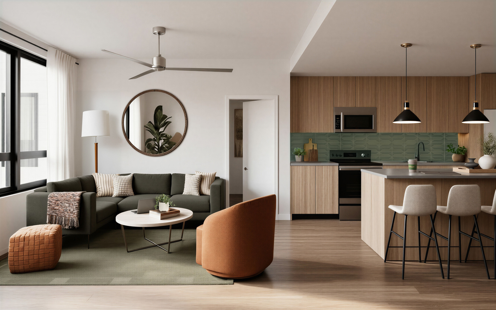 Modern open-plan living room and kitchen at Rambler College Park North with a green sofa, orange chair, round mirror, floor lamp, bar stools and wood cabinetry. Large window brings in natural light; neutral and green tones complete the space.