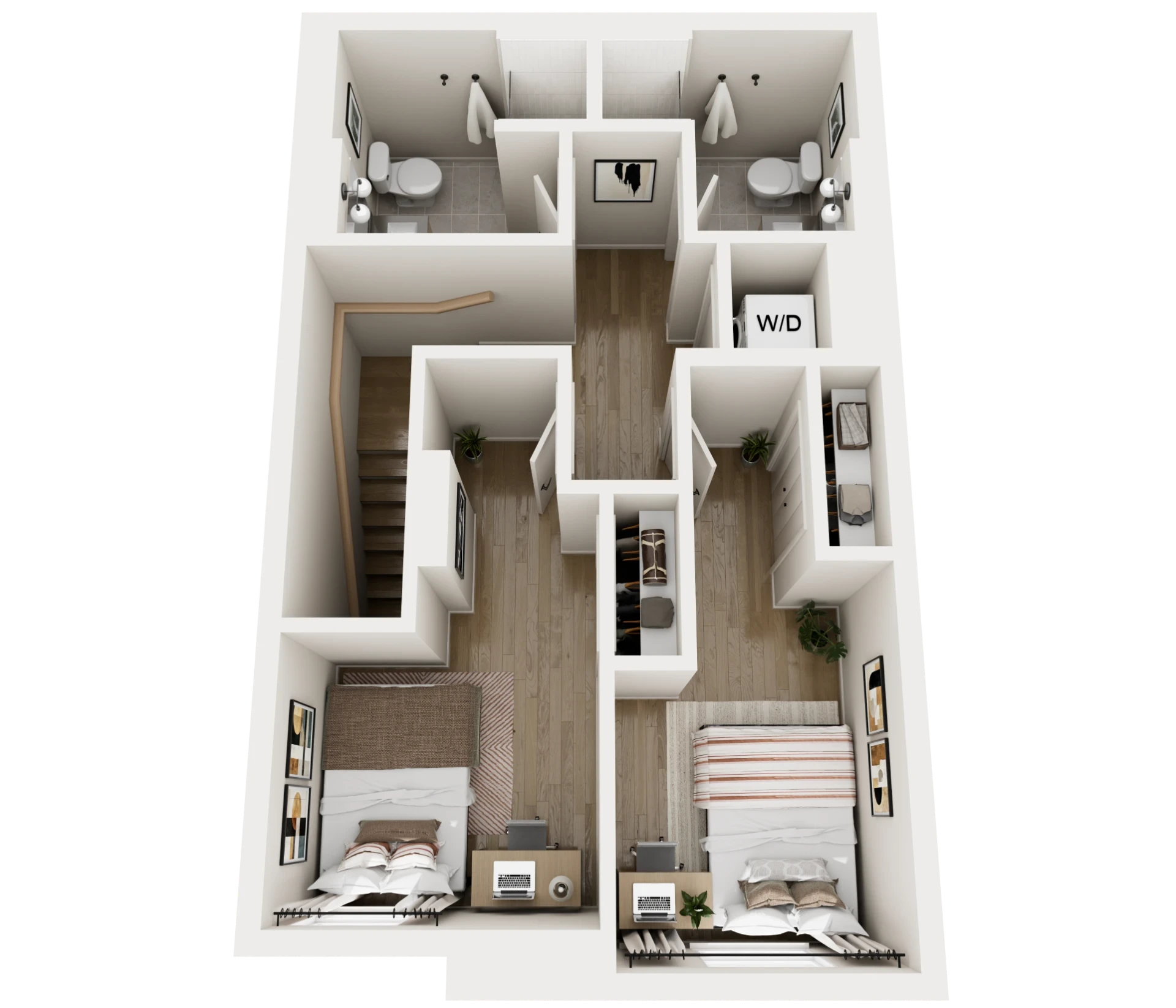 3D floor plan showing two bedrooms, two bathrooms, a hallway with stairs, closets, a washer/dryer area, and minimal furniture such as beds, side tables, and desks in each bedroom. Light wood flooring throughout.