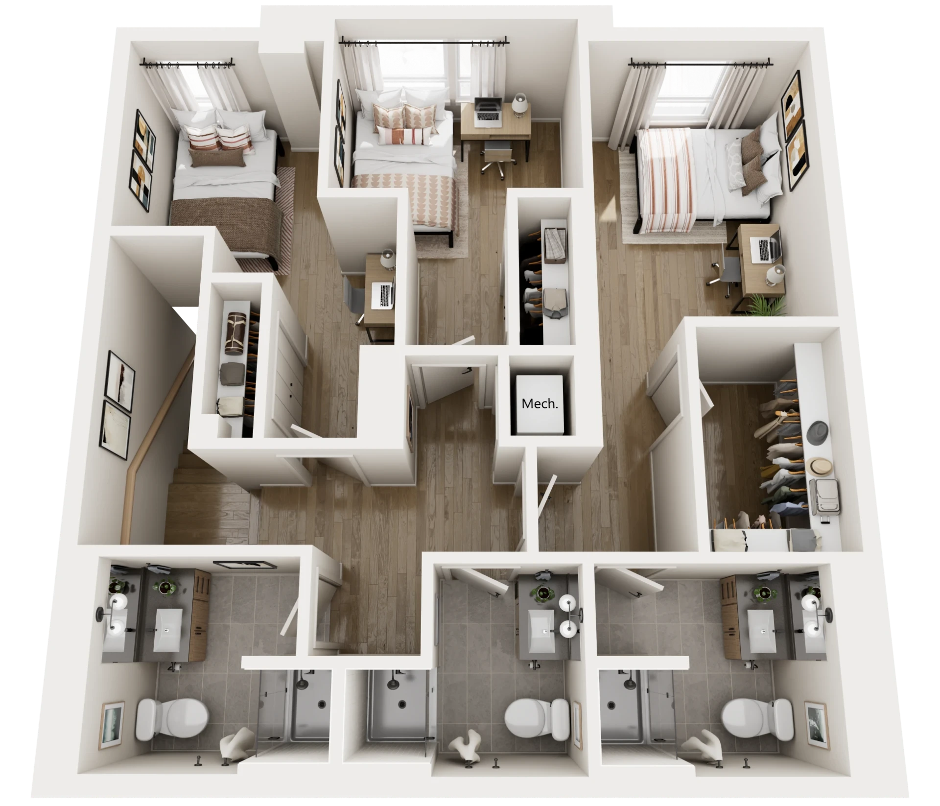 3D floor plan of a two-bedroom, two-bathroom apartment with a shared living area, two desks, two closets, and a mechanical room. Each bedroom has a bed, windows, and workspace. Bathrooms are side by side near the entrance.