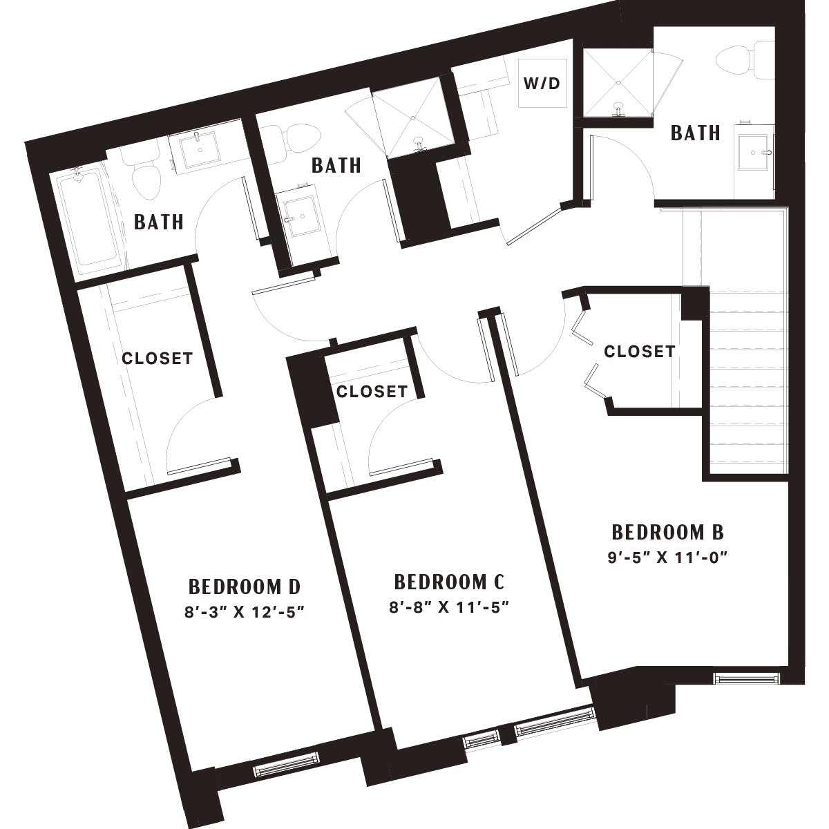 Black and white floor plan with three labeled bedrooms (B, C, D), each with a closet. There are two bathrooms, one laundry area (W/D), and a hallway connecting all rooms.