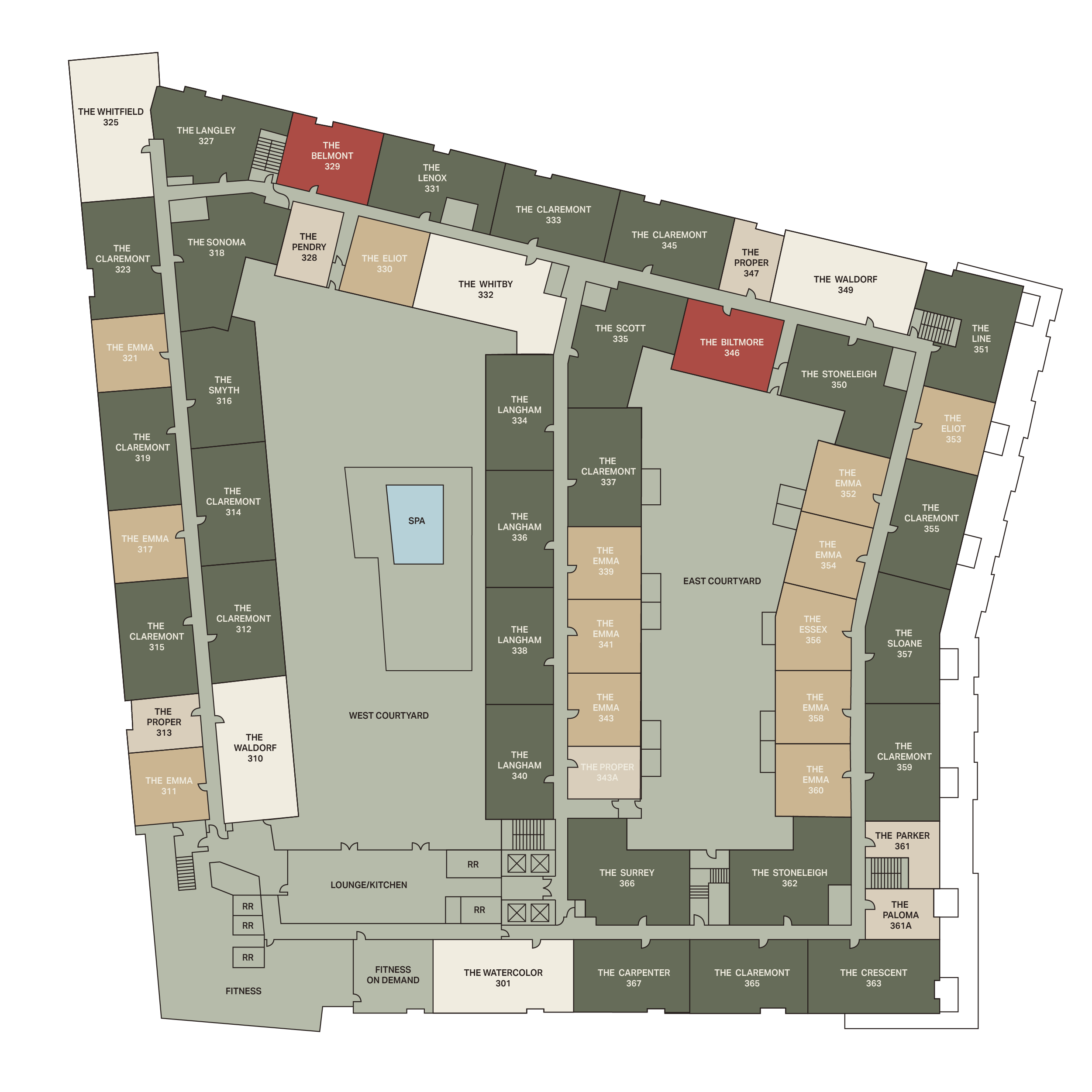 A floor plan of a hotel depicting labeled rooms, suites, fitness area, courtyards, a spa, and hallways. Room names are color-coded, and the layout shows entrances, stairwells, elevators, and common areas.