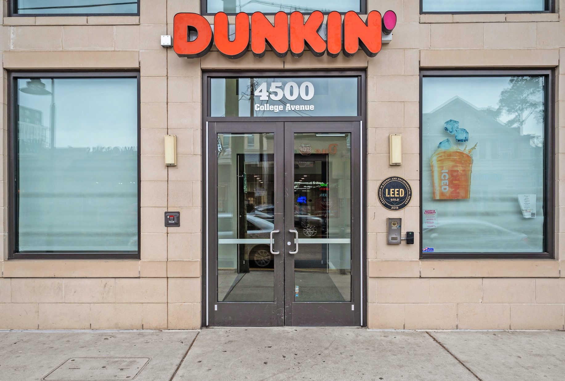 Exterior of the Dunkin' Donuts located in the lobby of the Rambler College Park South student apartment near UMD.