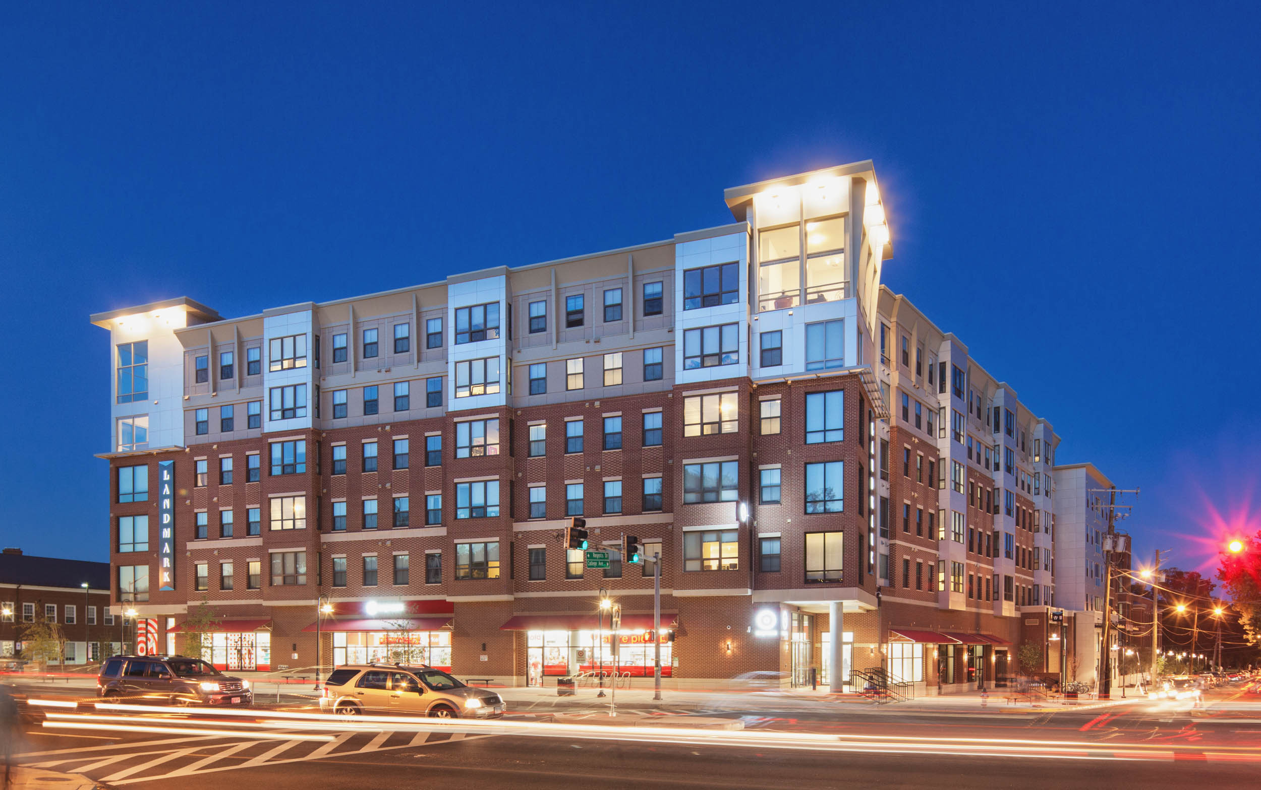 Rambler College Park South Exterior at night with lights on