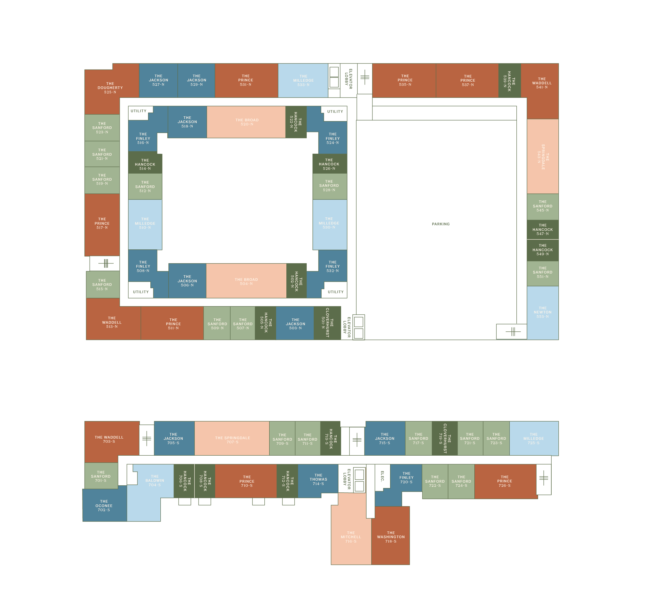 A color-coded map of building floor plans shows rooms labeled with names and numbers arranged around two main courtyards, with hallways and staircases connecting all sections.
