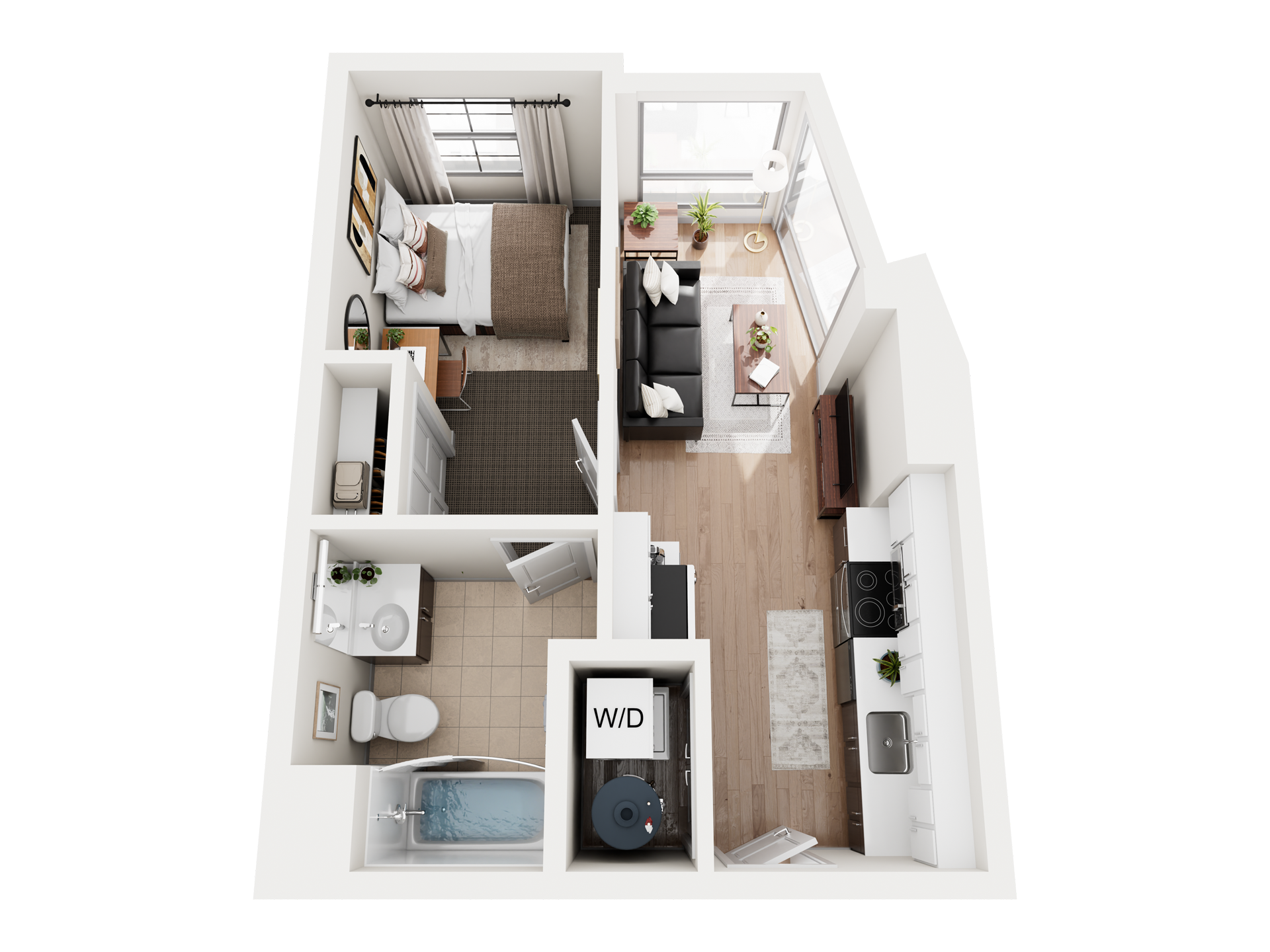 3D floor plan of a compact apartment—ideal for students seeking Apartments Near University of Maryland—with a bedroom, bathroom, kitchen, laundry area, and living room. The living area features a comfortable couch, TV, and large window, while the bedroom is furnished with a bed and dresser.