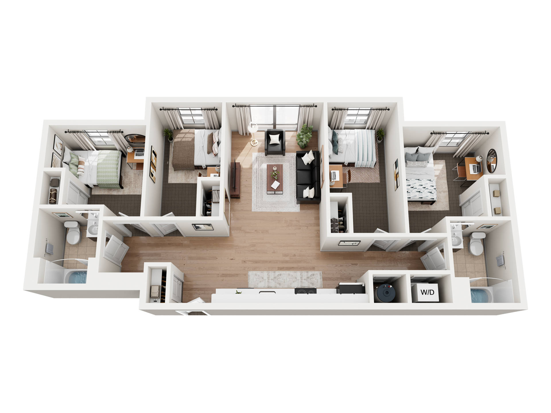 3D floor plan of a modern apartment with three bedrooms, two bathrooms, a central living area, open kitchen, laundry area, and large windows in each room. Perfect for those seeking apartments near University of Maryland, this layout features light floors and neutral decor throughout.
