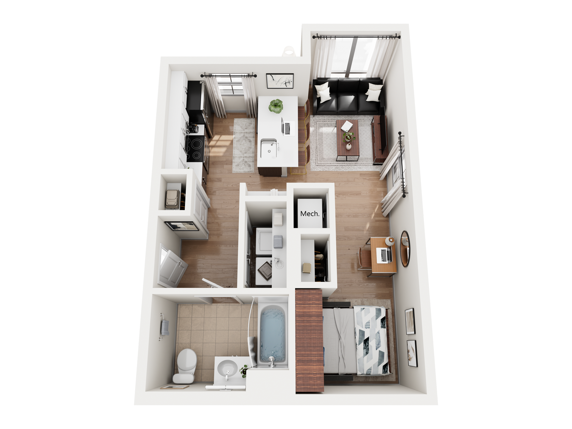 3D floor plan of a one-bedroom apartment with a living room, kitchen, bathroom, and bedroom. Light wood floors, modern furniture, and large windows brighten the space—perfect for those seeking stylish apartments near University of Maryland.