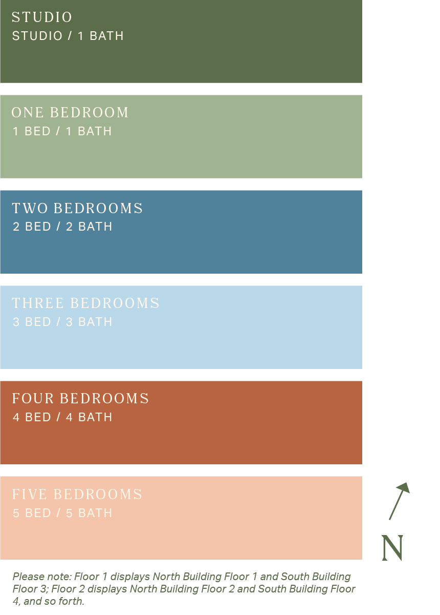 Color-coded chart showing apartment options: studio (1 bed/1 bath), one bedroom (1 bed/1 bath), two bedrooms (2 bed/2 bath), three bedrooms (3 bed/3 bath), four bedrooms (4 bed/4 bath), five bedrooms (5 bed/5 bath).