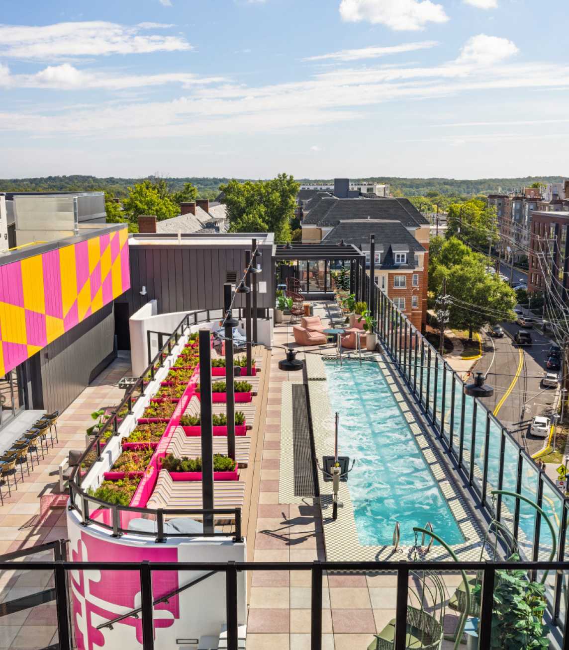 Image of The Hub College Park rooftop pool deck, in College Park.