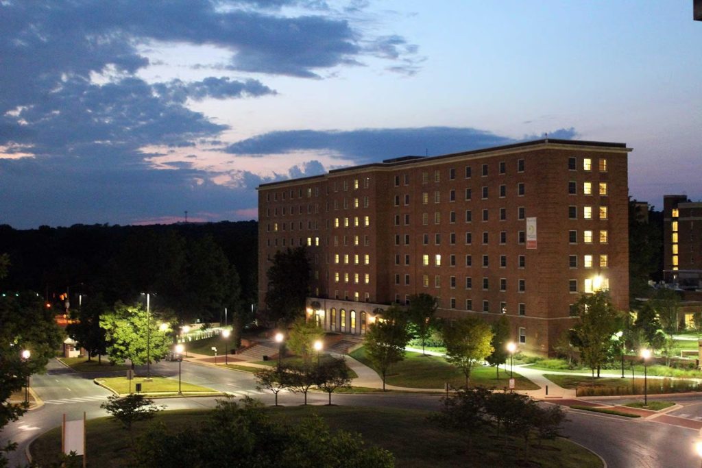 Night-time view of Denton Residence Hall.