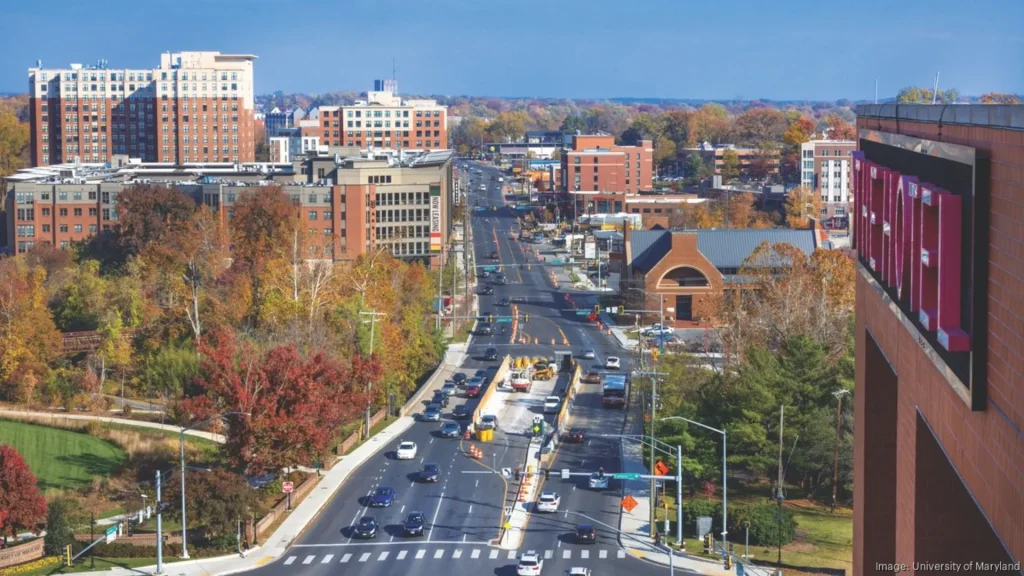 Aerial view of downtown College Park in Maryland.