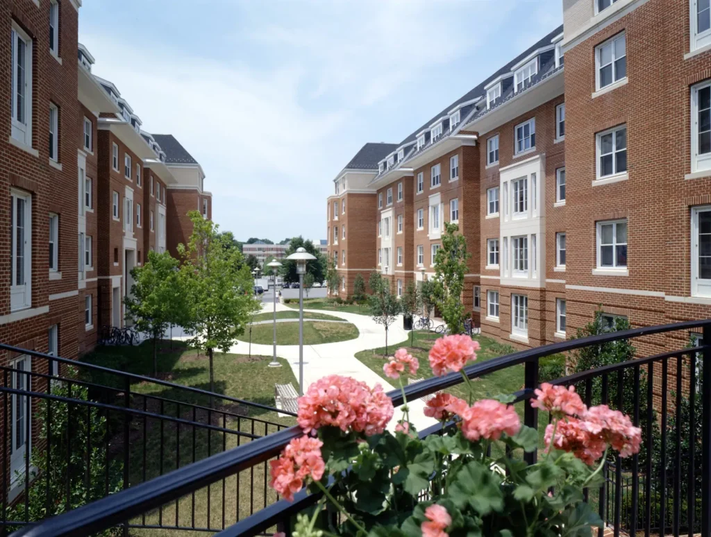 Balcony-view courtyard in South Campus near The University of Maryland.