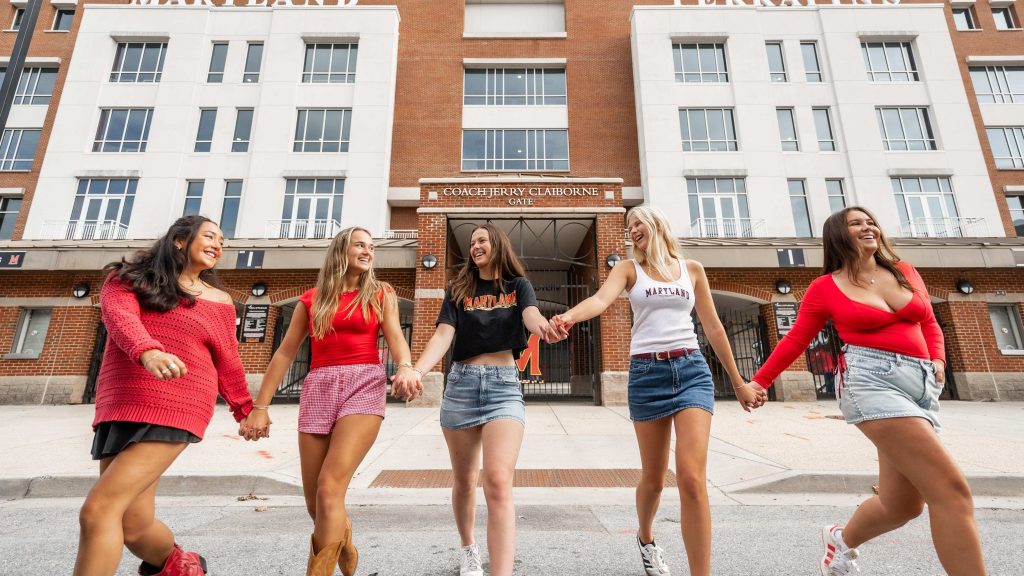 University of Maryland students walk on campus in College Park.