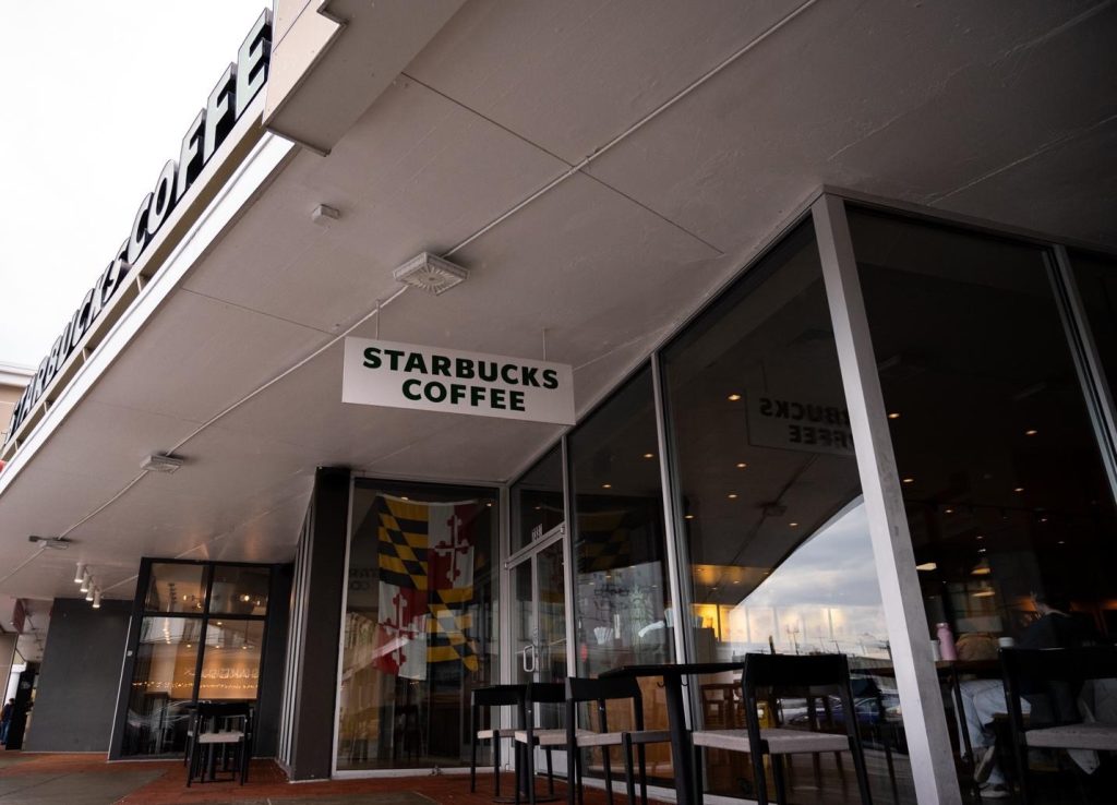 Outside view of Starbucks Coffee in the College Park Shopping Center.