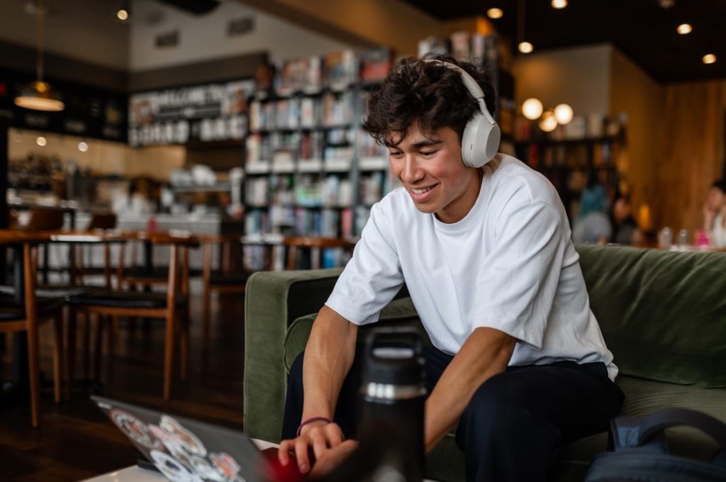 Student studying at a cafe near the University of Maryland campus.