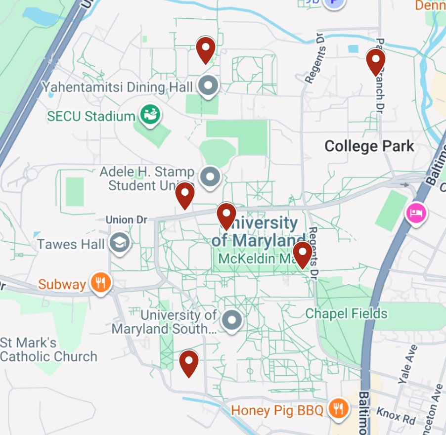 Lot locations for residential students at UMD.