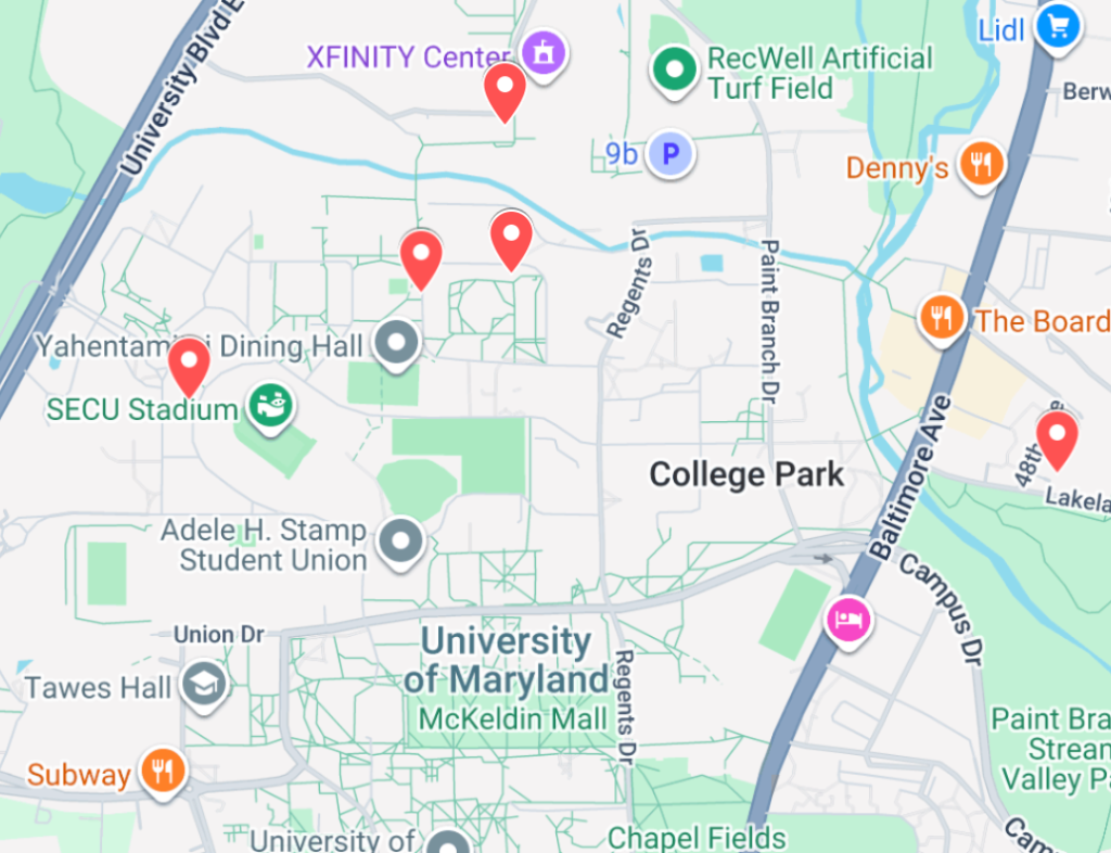 Lot locations for commuter students at UMD.