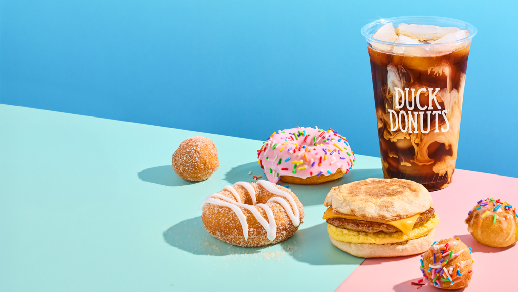 Image of donuts, breakfast sandwiches and coffee offered at Duck Donuts in College Park. 