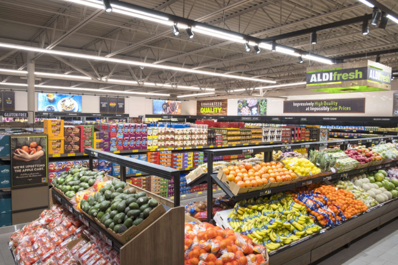 Interior view of Aldi’s produce aisle.