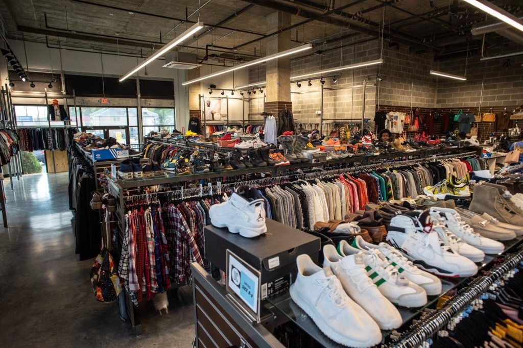 Interior view of Uptown Cheapskate, a popular thrift store near campus.