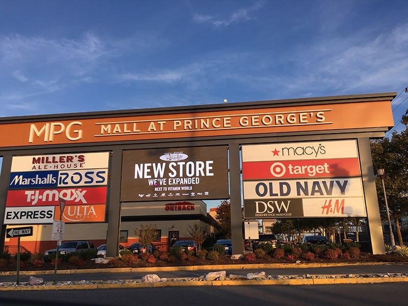 Signs of the shops at Prince George Mall.
