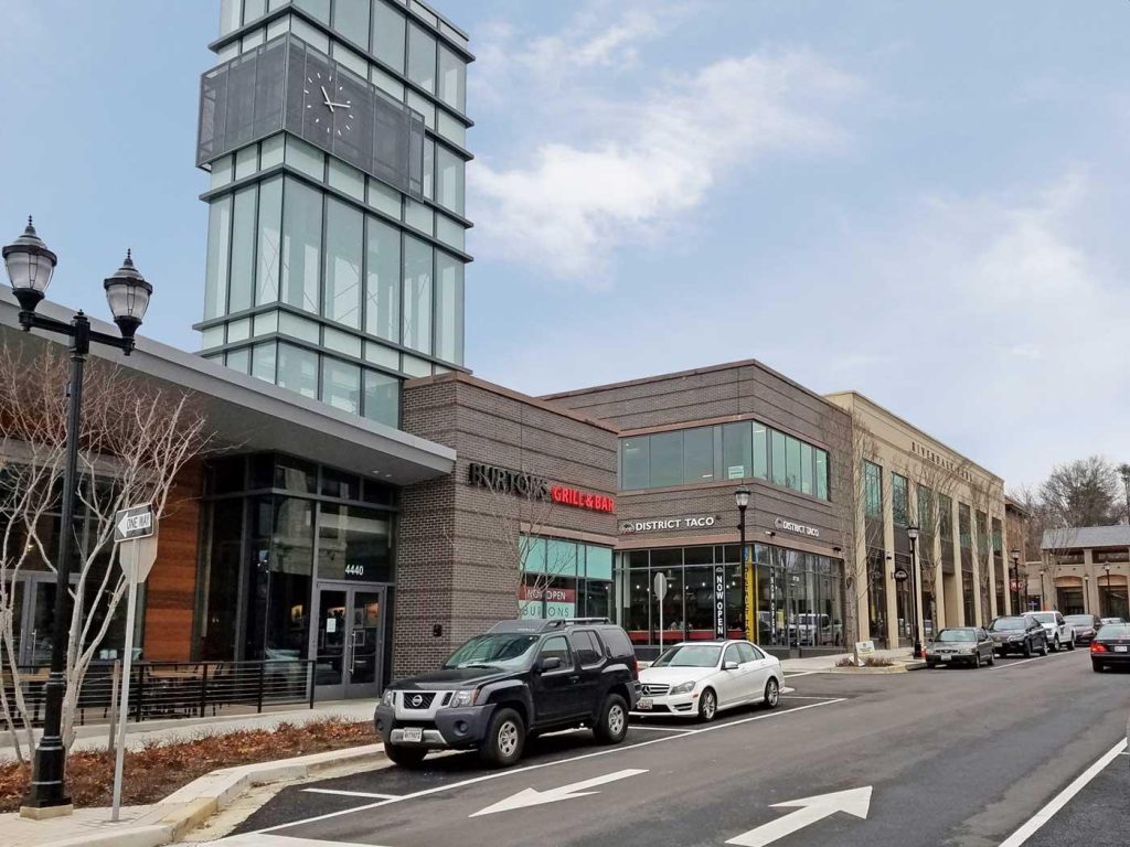 Exterior view of Burton’s Grill & Bar at The Station in Riverdale Park.