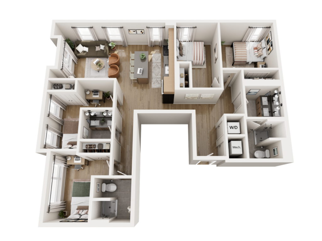 Rendering of Rambler’s 4x2 floorplan with shared bathrooms.