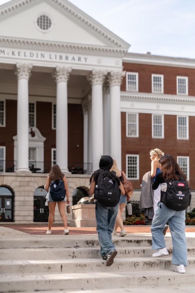 Students walking to McKeldin Library, a popular study spot on UMD campus. 