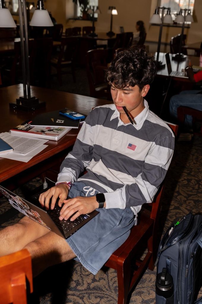 Student studying in McKeldin Library on UMD campus.