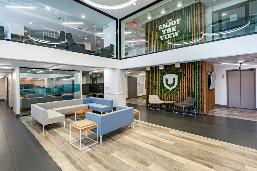 Interior image of University View’s lobby.
