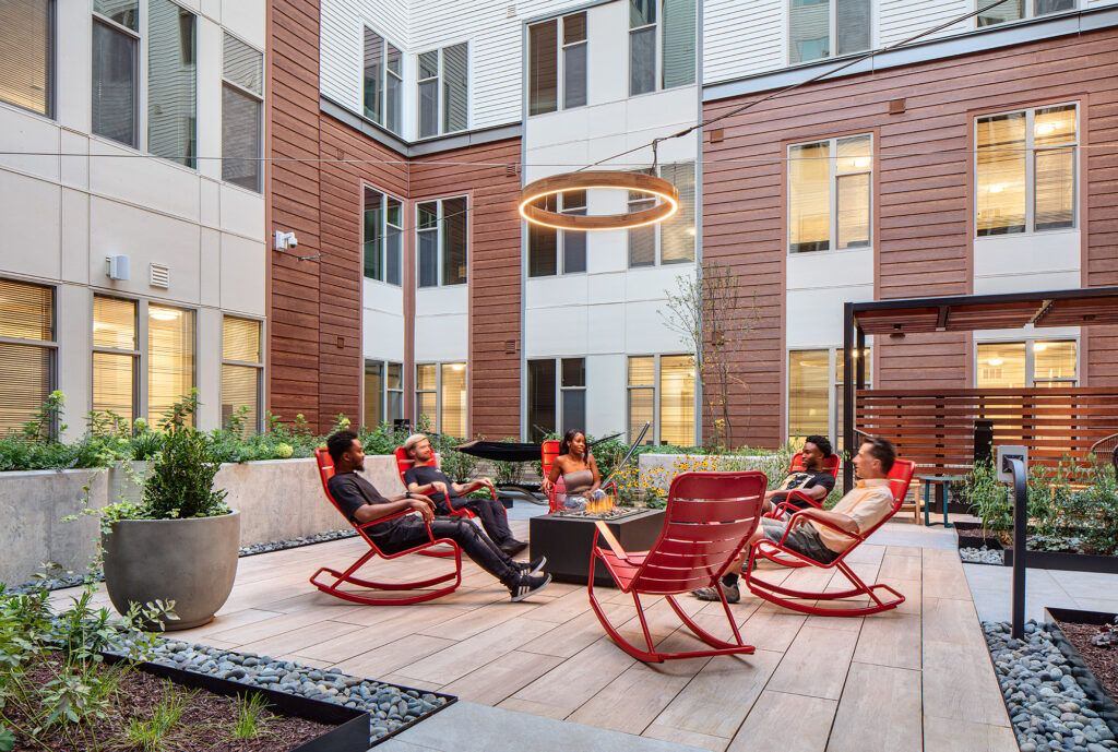 Outside patio seating space for residents at Tempo College Park.