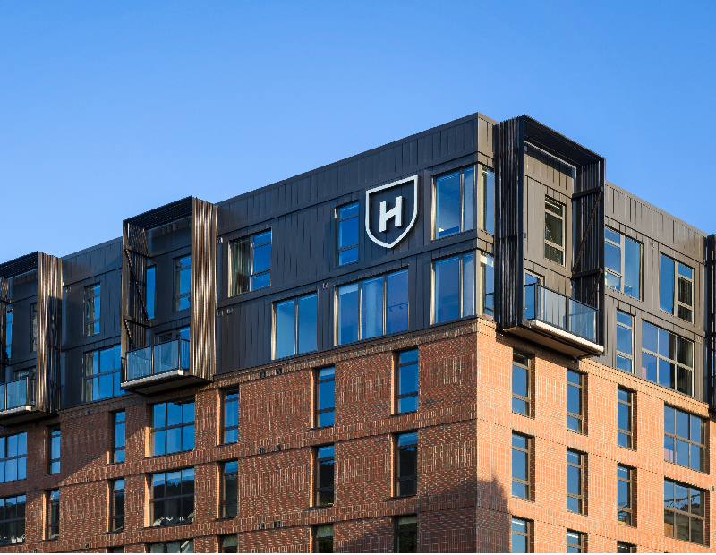 The Hub College Park logo and building. 