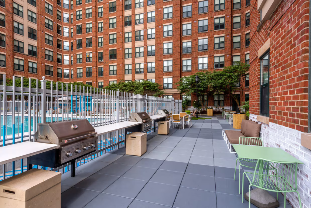 Outdoor patio with grills at the University View in College Park.