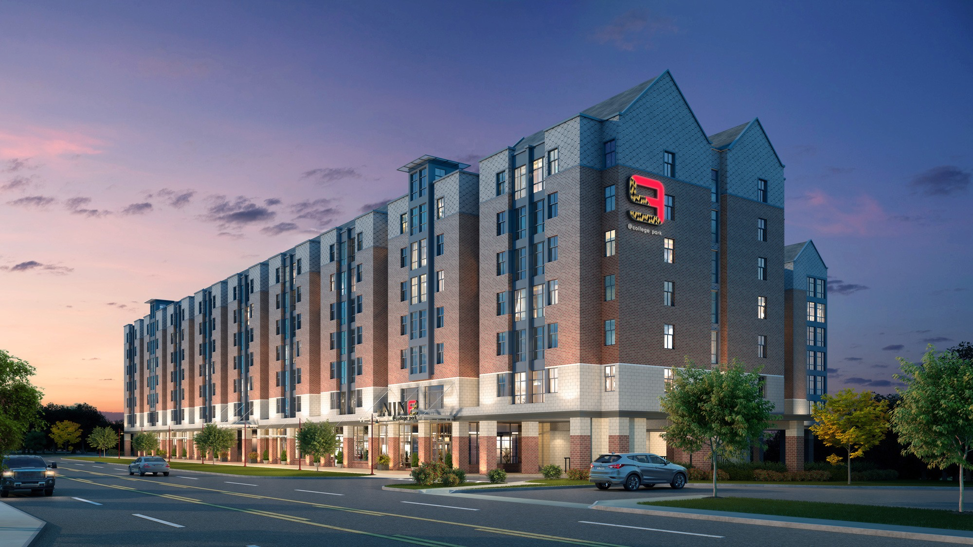 Exterior rendering of The Nine College Park.