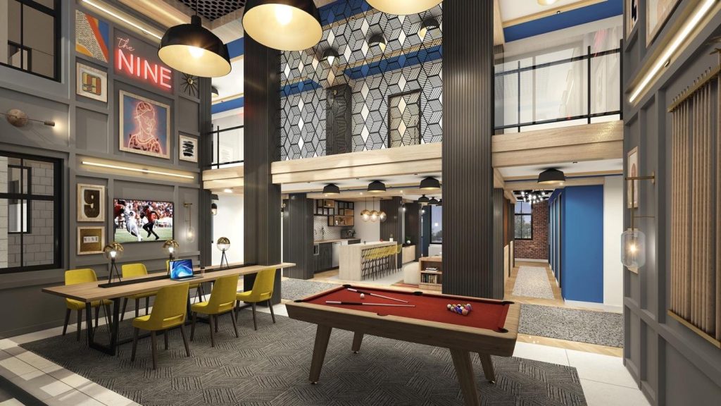 Student game room at The Nine at College Park. 