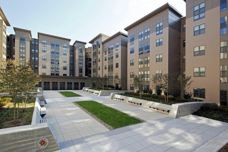 Exterior image of The Varsity courtyard and building at UMD.